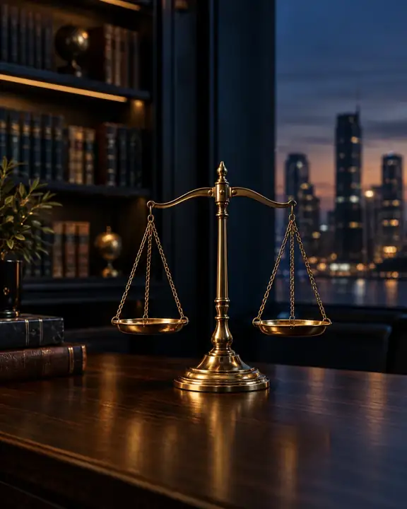 Brass scales of justice before a bookshelf and a city at dusk